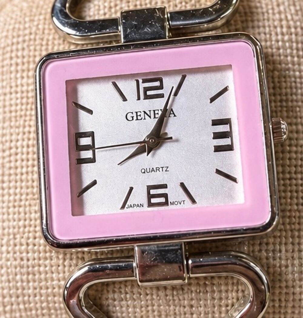 Geneva Pink Enamel Silver Tone Cuff Bracelet Watch NWOT New Battery
